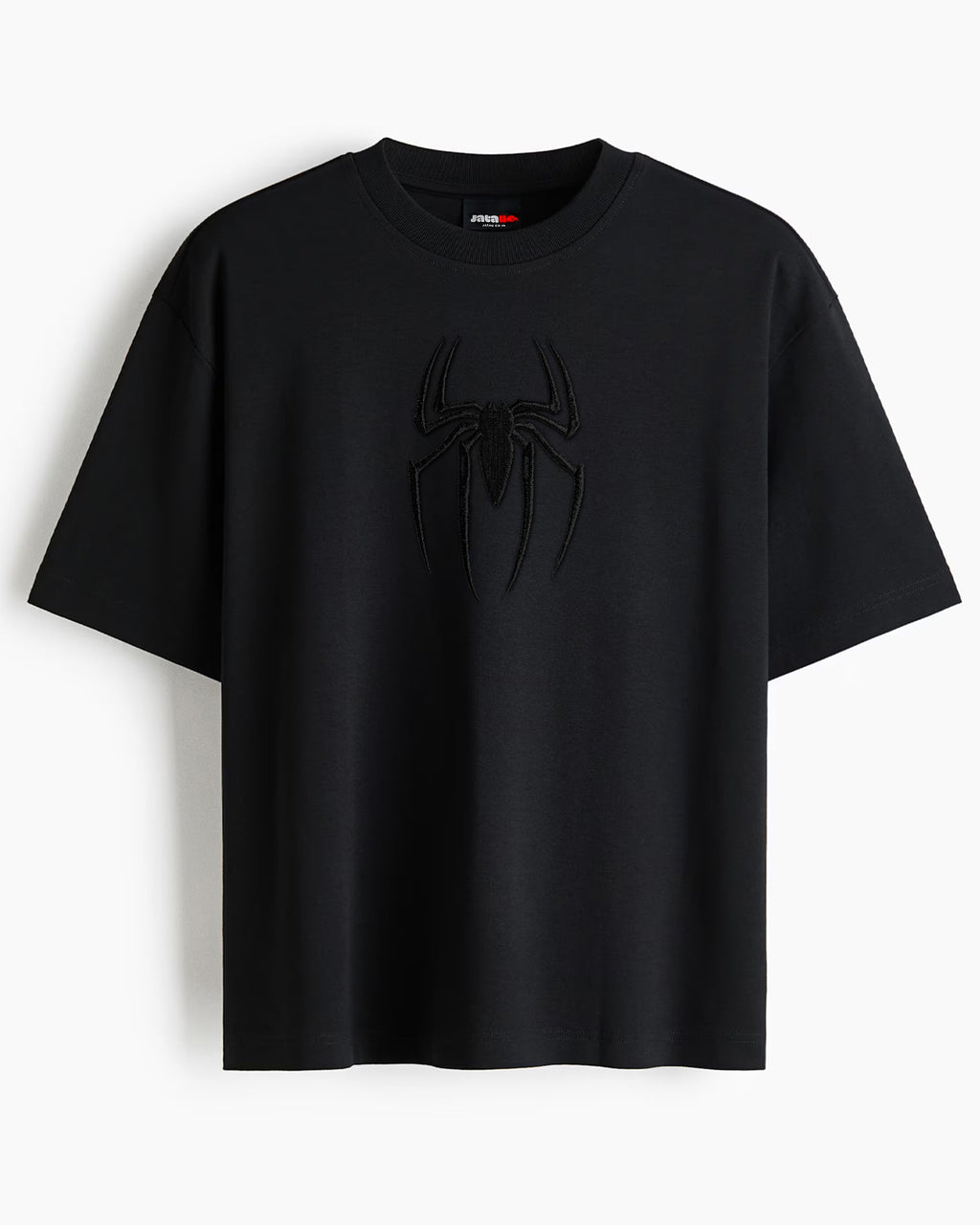 A black short-sleeve crewneck t-shirt featuring a tonal black spider logo on the chest.