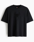 A black short-sleeve crewneck t-shirt featuring a tonal black spider logo on the chest.