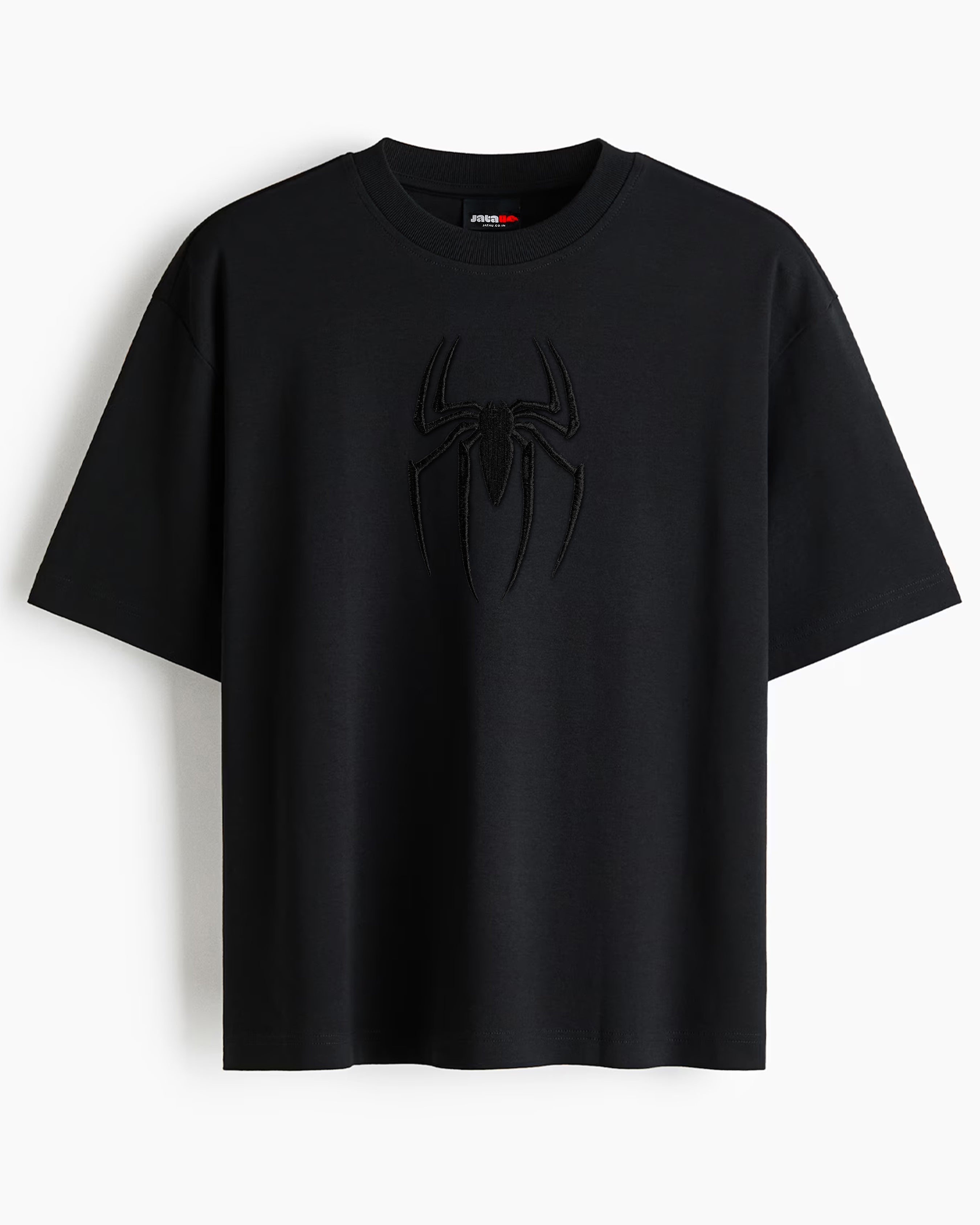 A black short-sleeve crewneck t-shirt featuring a tonal black spider logo on the chest.