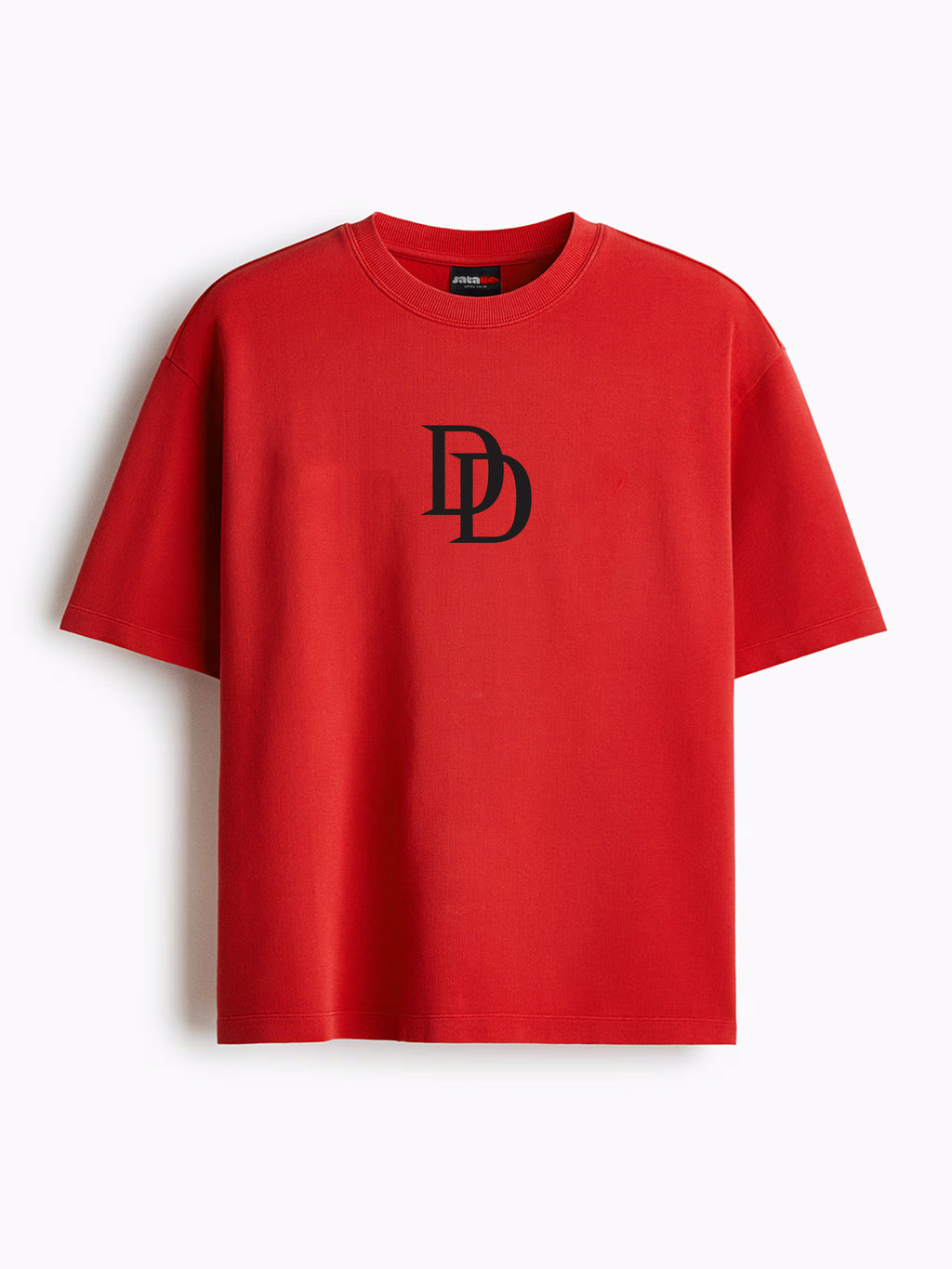 A red short-sleeve crewneck t-shirt with a black interlocking 'DD' logo on the chest, displayed on a clean white background.