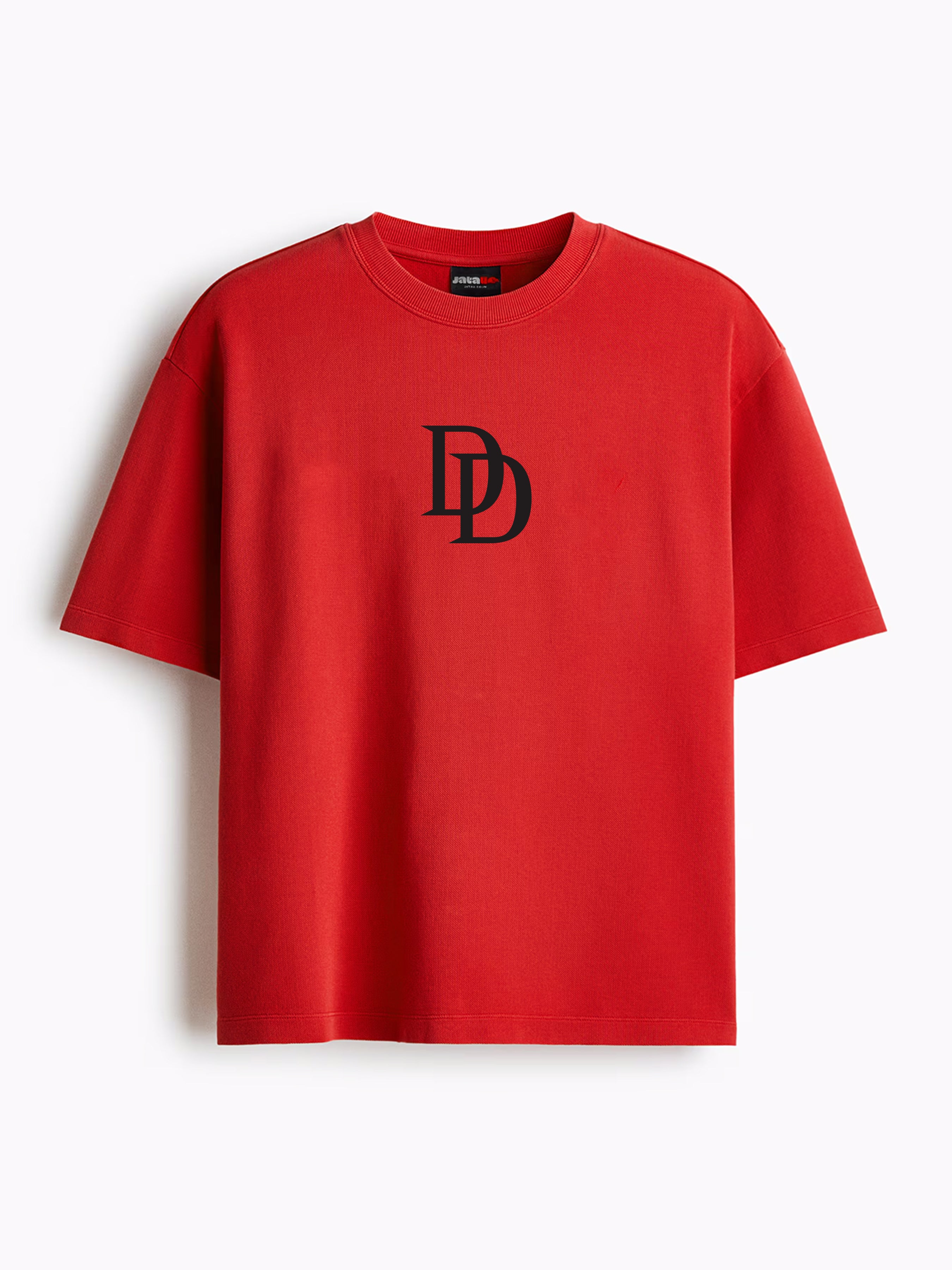A red short-sleeve crewneck t-shirt with a black interlocking 'DD' logo on the chest, displayed on a clean white background.