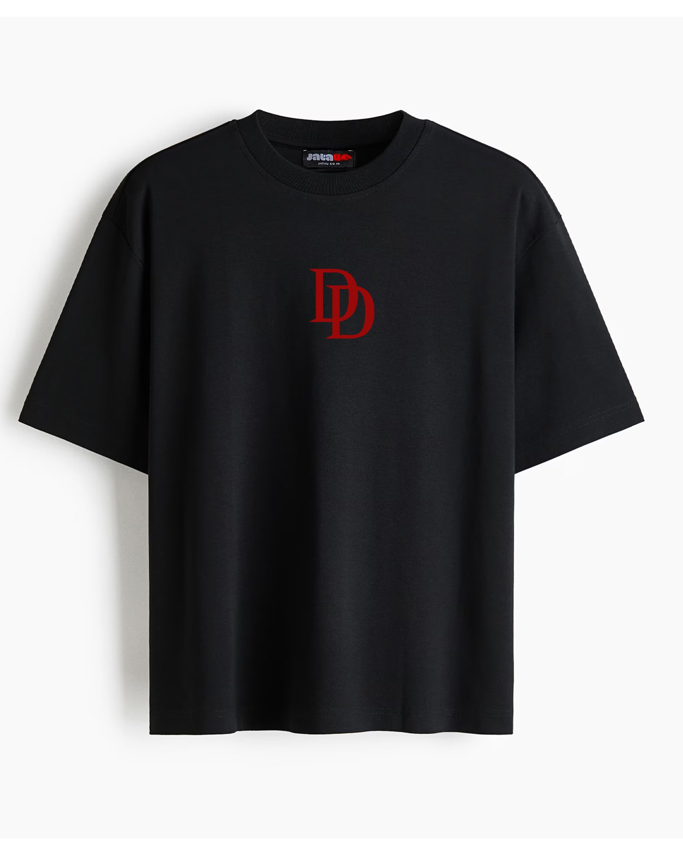 A black short-sleeve crewneck t-shirt with a red interlocking 'DD' logo on the center chest, displayed against a clean white background.