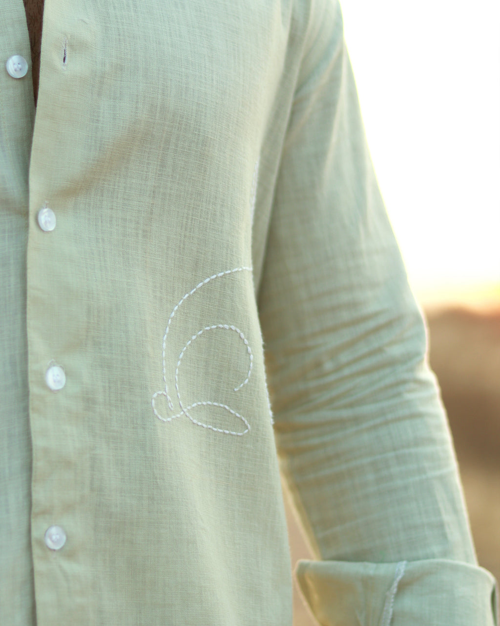Light green button-up shirt with subtle design on a blurred background