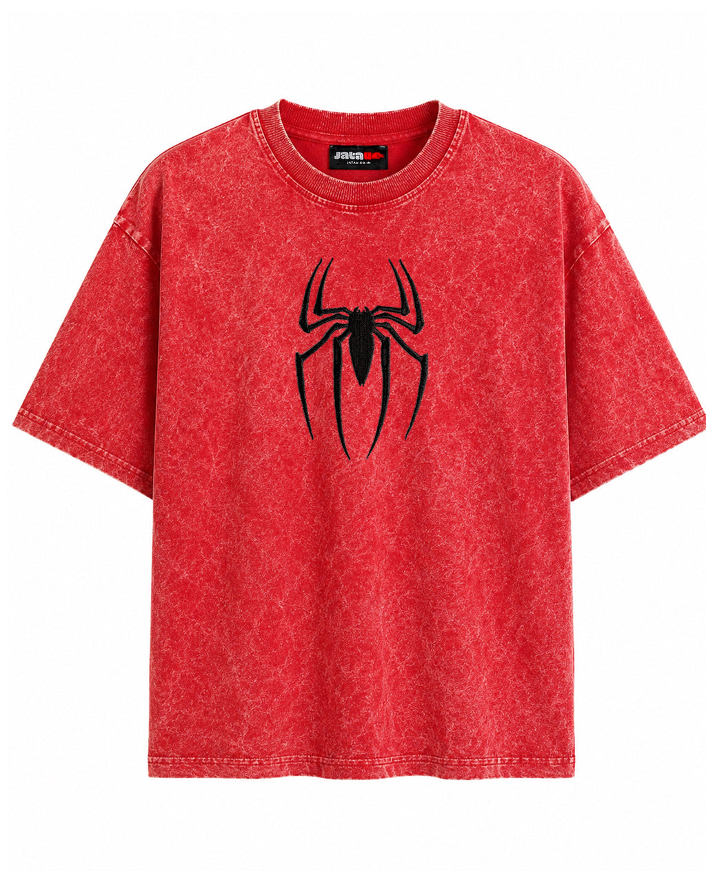 A red acid-wash short-sleeve t-shirt with a black spider logo printed on the chest.