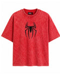 A red acid-wash short-sleeve t-shirt with a black spider logo printed on the chest.