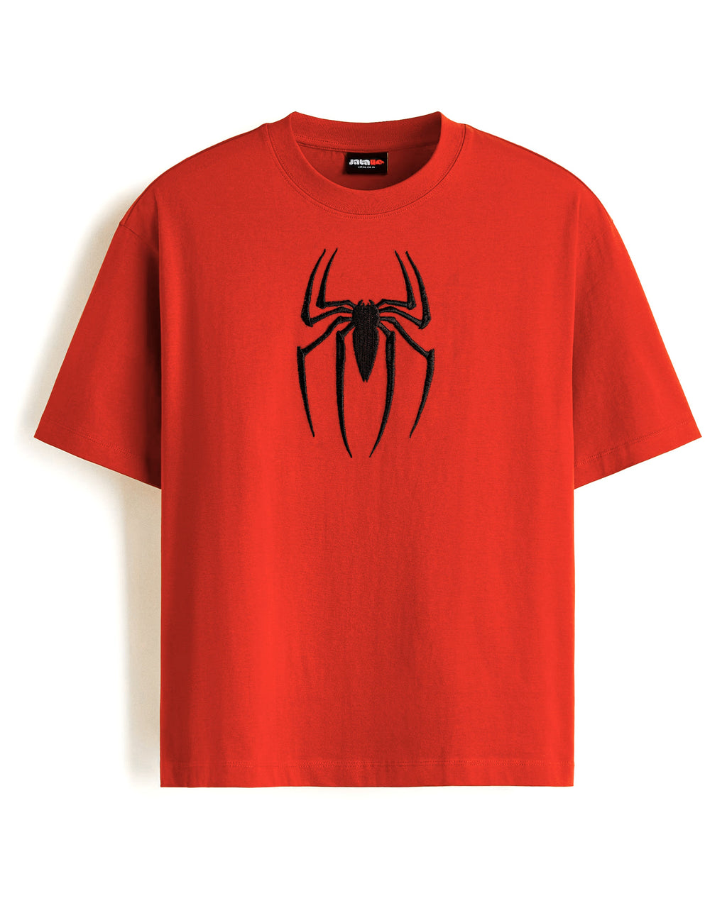 A bright red short-sleeve crewneck t-shirt featuring a large black spider logo printed on the center chest.