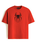 A bright red short-sleeve crewneck t-shirt featuring a large black spider logo printed on the center chest.