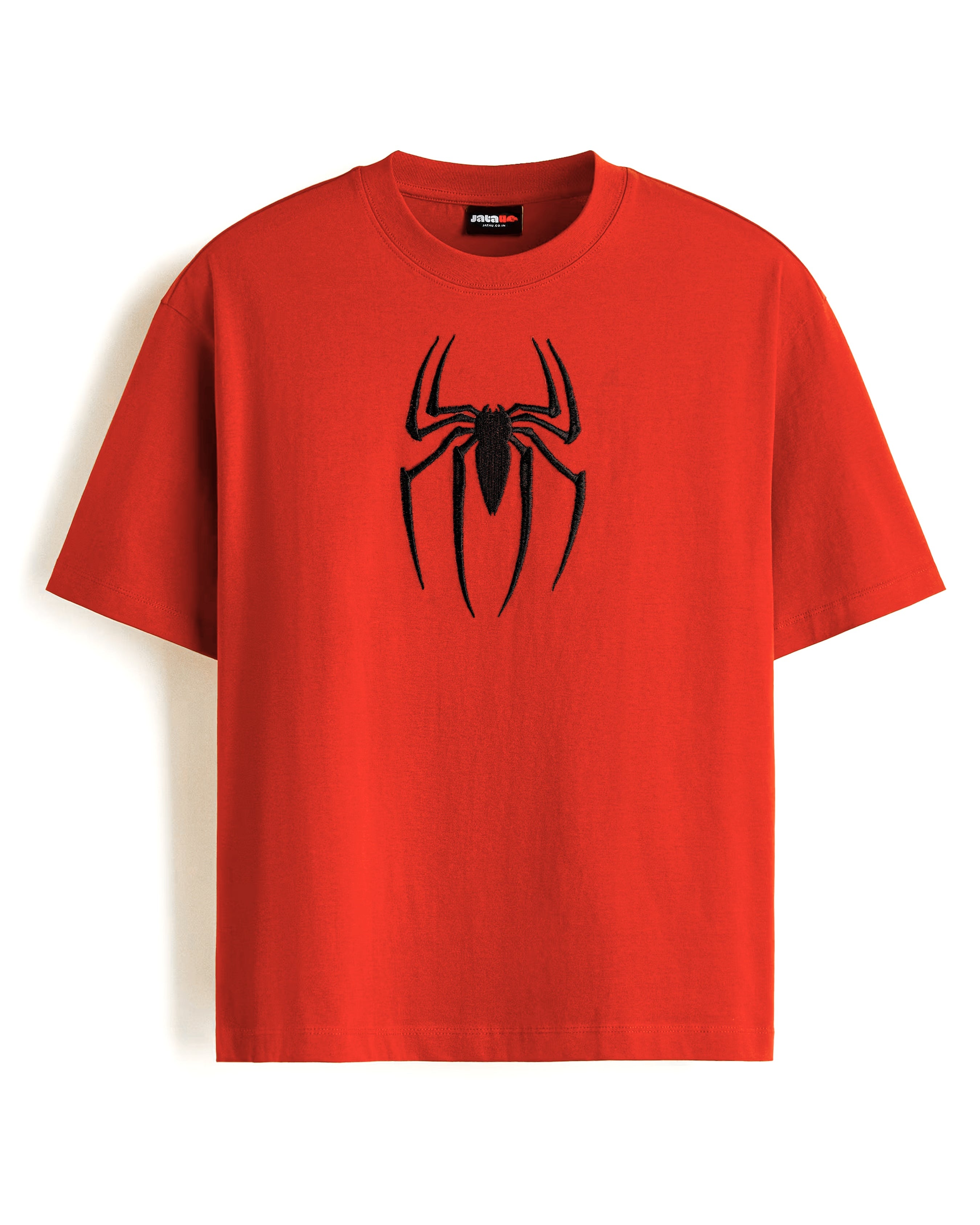 A bright red short-sleeve crewneck t-shirt featuring a large black spider logo printed on the center chest.
