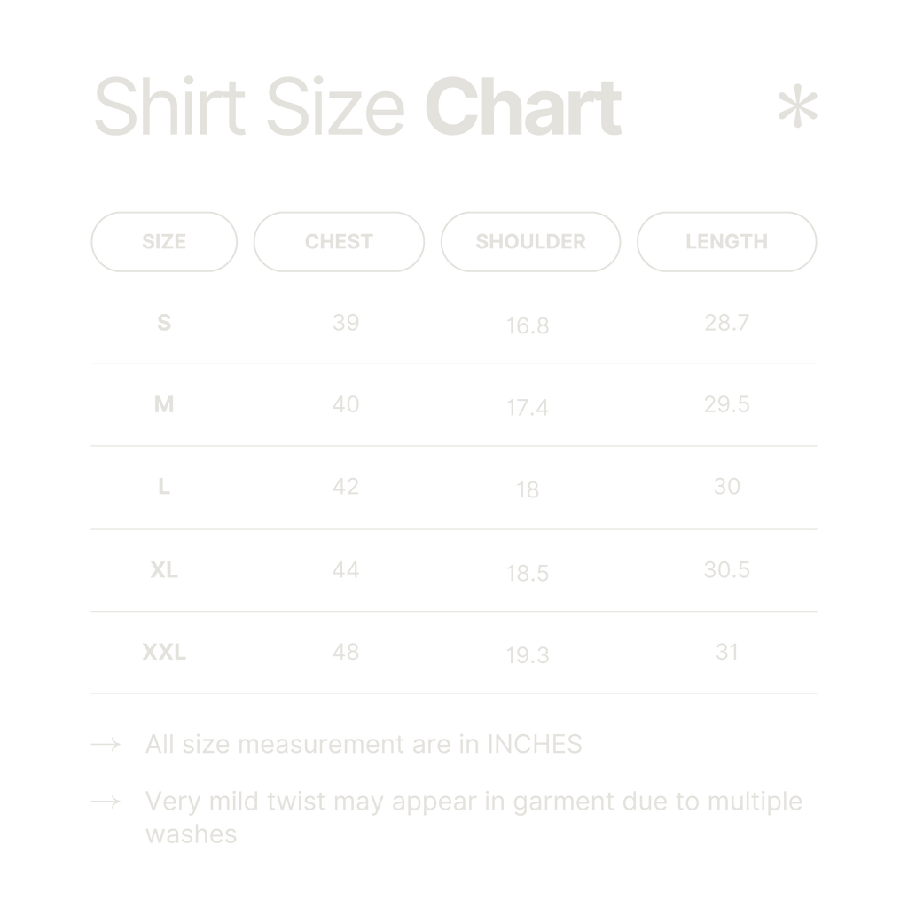 Shirt size chart with measurements in inches for various shirt sizes.