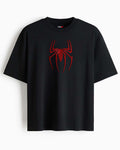 A black short-sleeve crewneck t-shirt featuring a red spider logo graphic on the chest.
