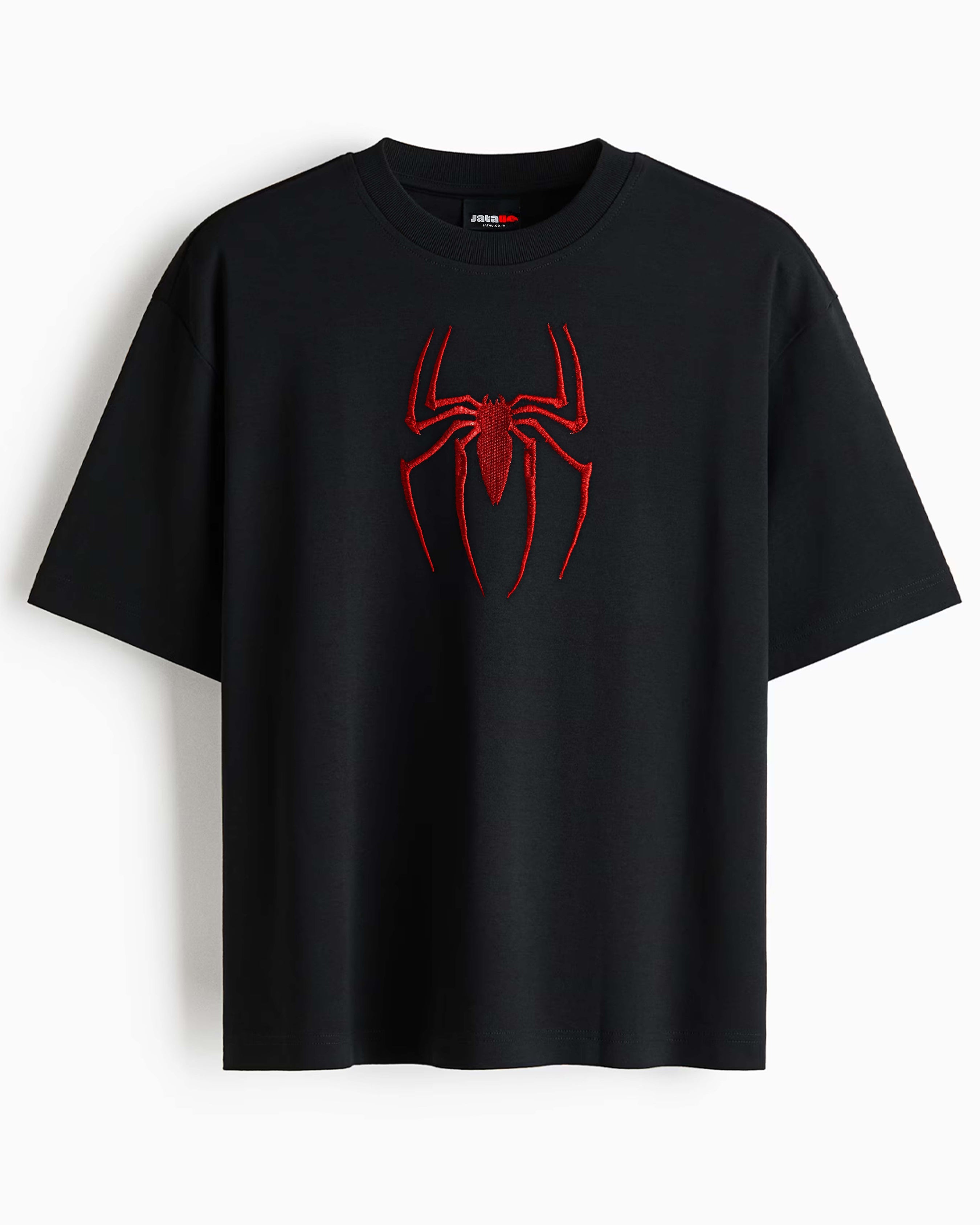 A black short-sleeve crewneck t-shirt featuring a red spider logo graphic on the chest.