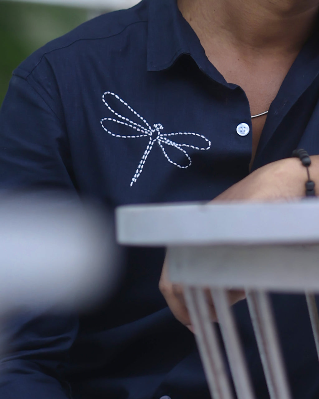 Dragonfly Motif Artisan Handcrafted Cotton-Linen Shirt